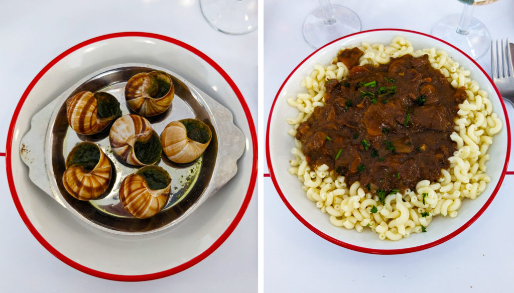 Escargot, beef bourguignon from Bouillon Pigalle